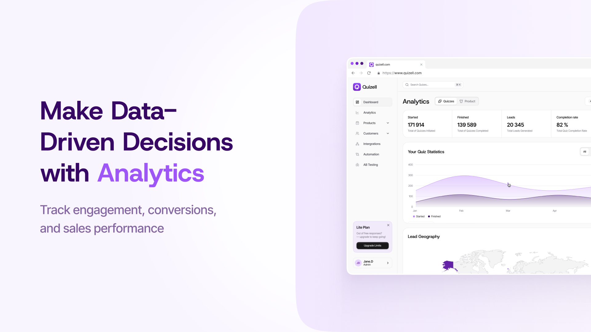 Quizell Software - Screenshot of Quizell’s analytics dashboard showing quiz performance metrics, engagement charts, and lead statistics. Highlights how businesses track conversions and make data-driven marketing decisions.