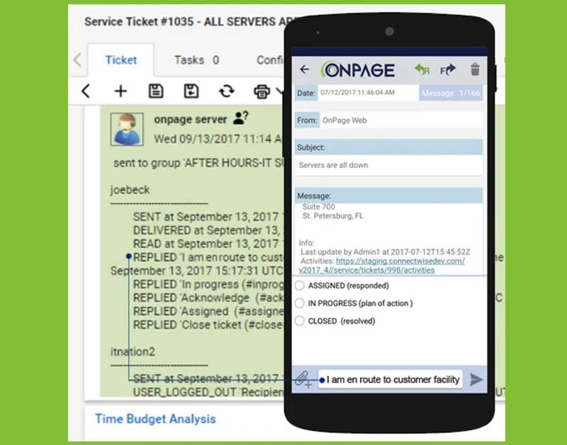 OnPage Incident Management System Software - OnPage’s Incident Alert Management capabilities can be extended to leading ITSM vendors such as ServiceNow, ConnectWise, and Autotask to achieve synchronization across messages, notes, and actions along the incident lifecycle.