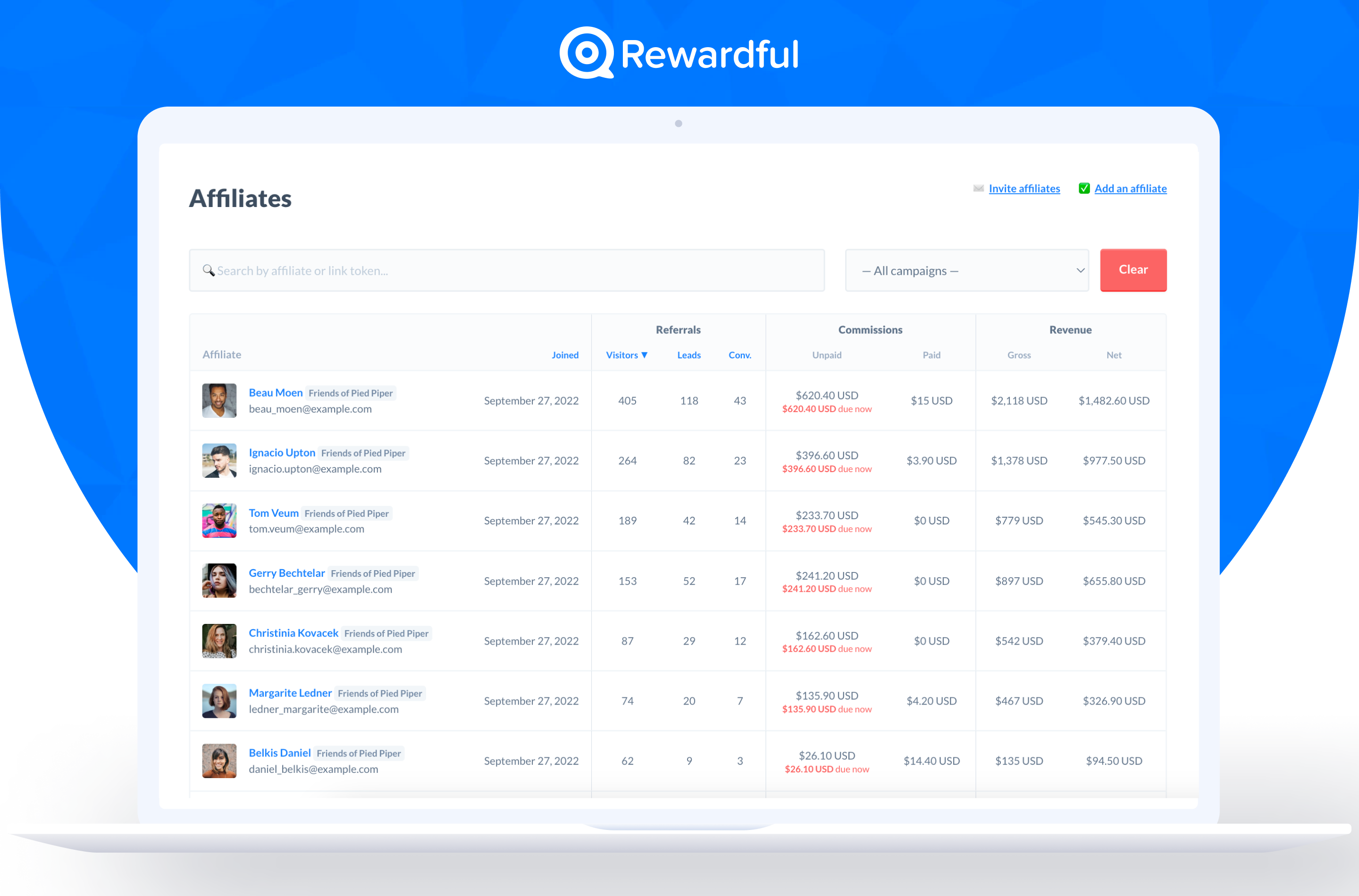 Rewardful Software - Affiliates List: View all of your affiliates and see how well they're performing.