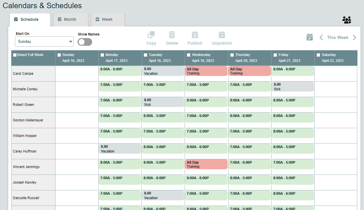 Timesheets.com Software - Employee Schedule with Time Off and Training Day Examples