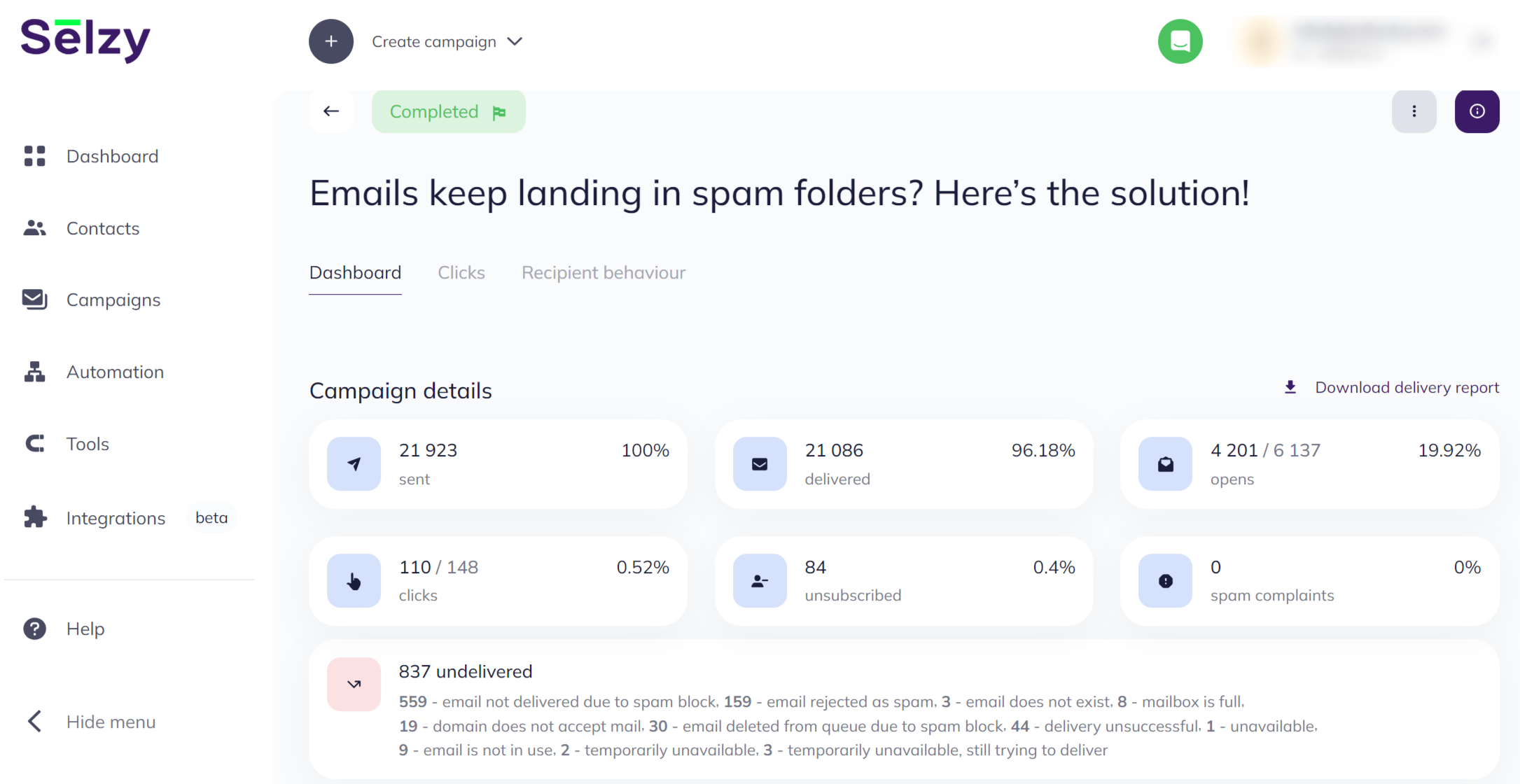 Selzy Software - Campaign analytics overview. Use clickmap to see which button performed best.