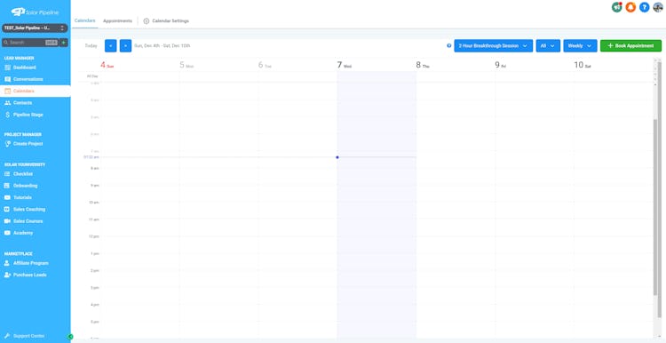 Solar Pipeline screenshot: Solar Consultations Calendar. Book In-house or virtual meetings. Integrate your calendar with Google or Zoom. Manage your team's calendar and appointments.