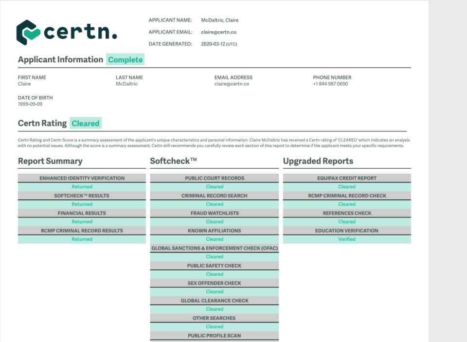 Certn Software - Easy-to-read reports with a summary of the results