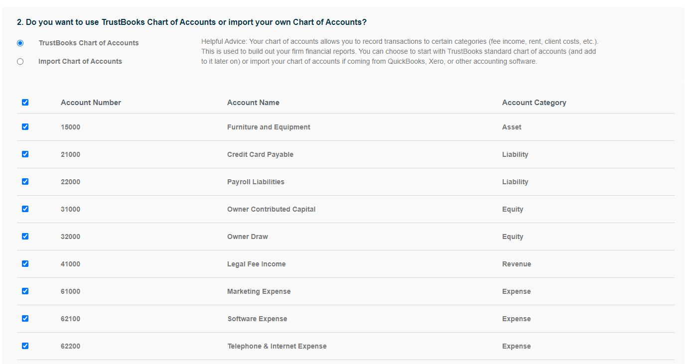 TrustBooks chart of accounts
