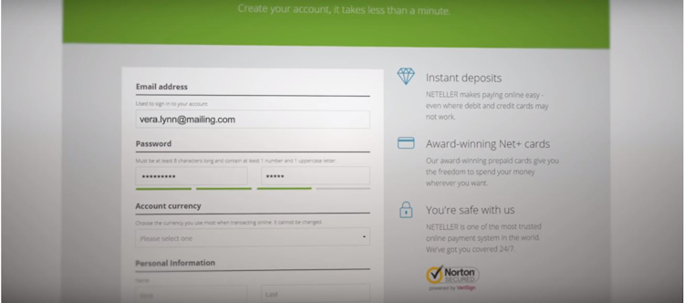 Paysafe screenshot: Creating an account in a digital wallet
