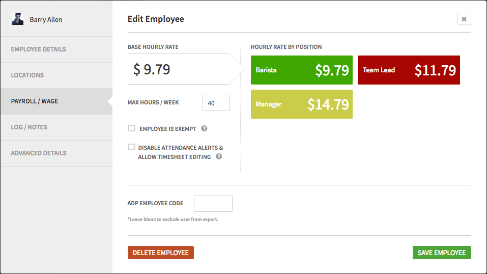 When I Work Software - Employee hourly pay rates can be added and edited