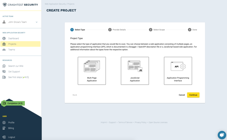 Crashtest Security Software - Define the scan target type