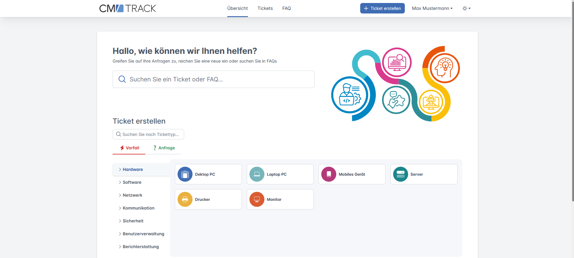 ConSol CM/Customer Service screenshot: Übersichtlicher Startbildschirm für schnellen Einstieg: Nutzer-innen können direkt Tickets erstellen, nach Themen filtern oder in FAQs suchen => intuitiv, klar strukturiert und bereit für effizienten Kundenservice ab dem ersten Klick.