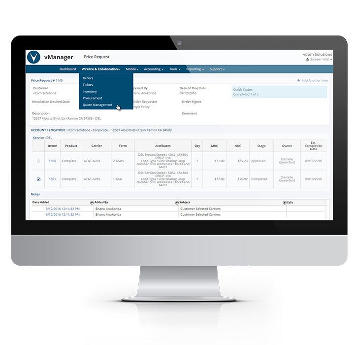 vManager screenshot: Users can manage orders, inventory and quotes, and add notes to price requests