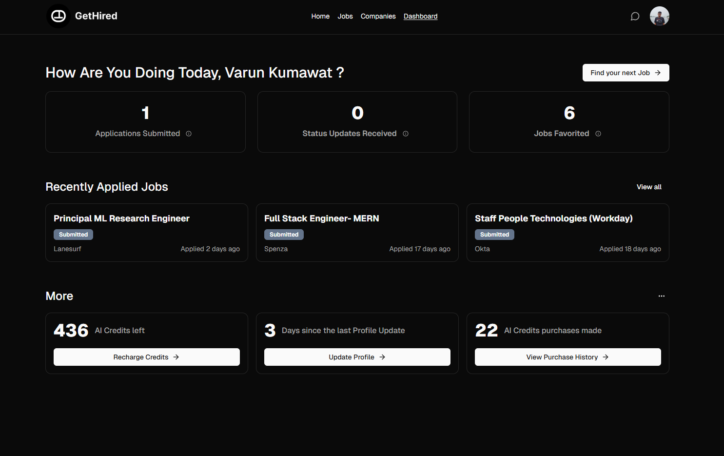 GetHired Software - GetHired user dashboard