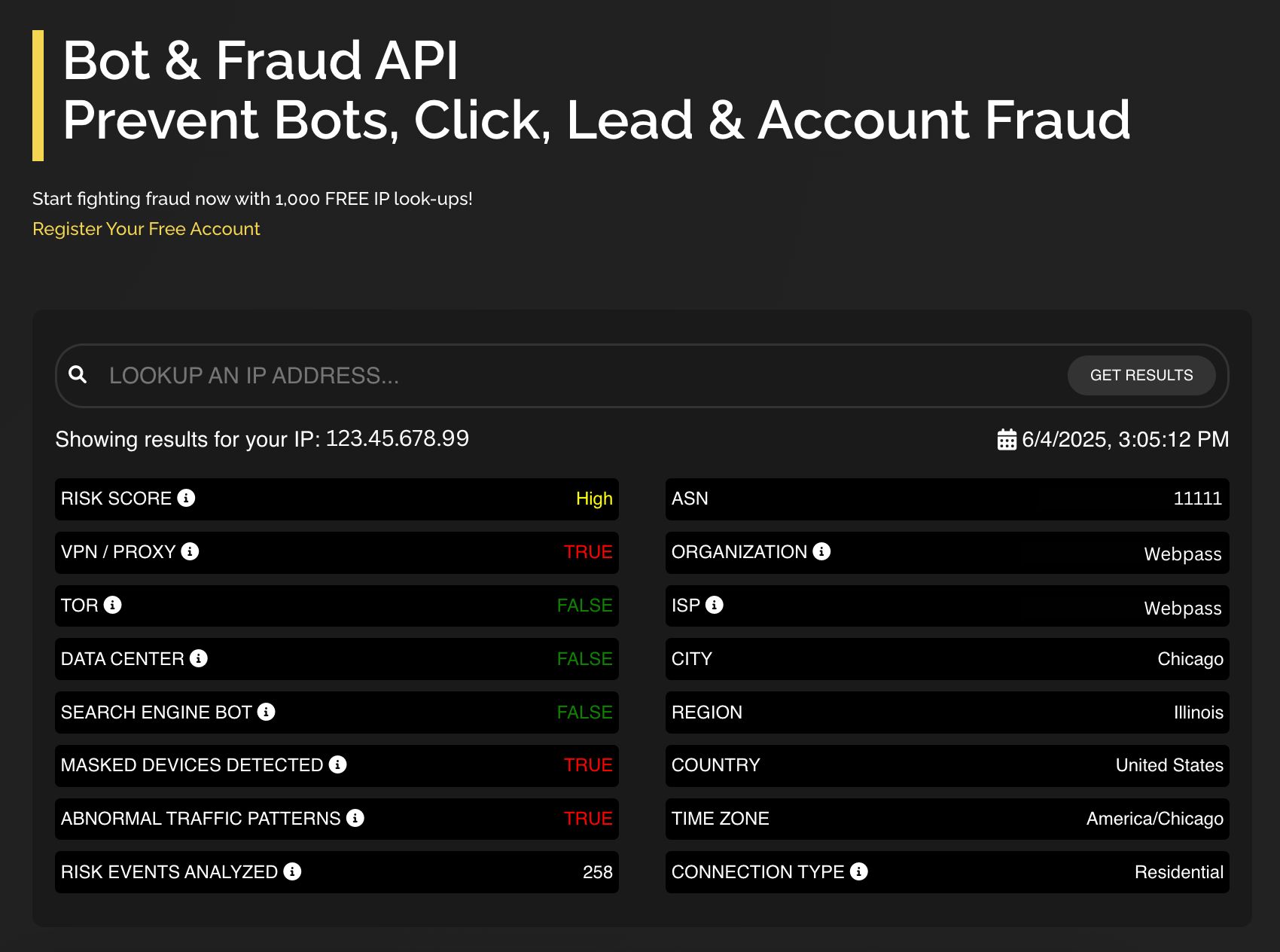 Fraudlogix screenshot: Bot & Fraud API - Free IP Lookup