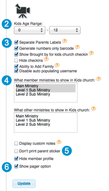 Users can specify different settings and user permissions for checking in children on Web Church Connect