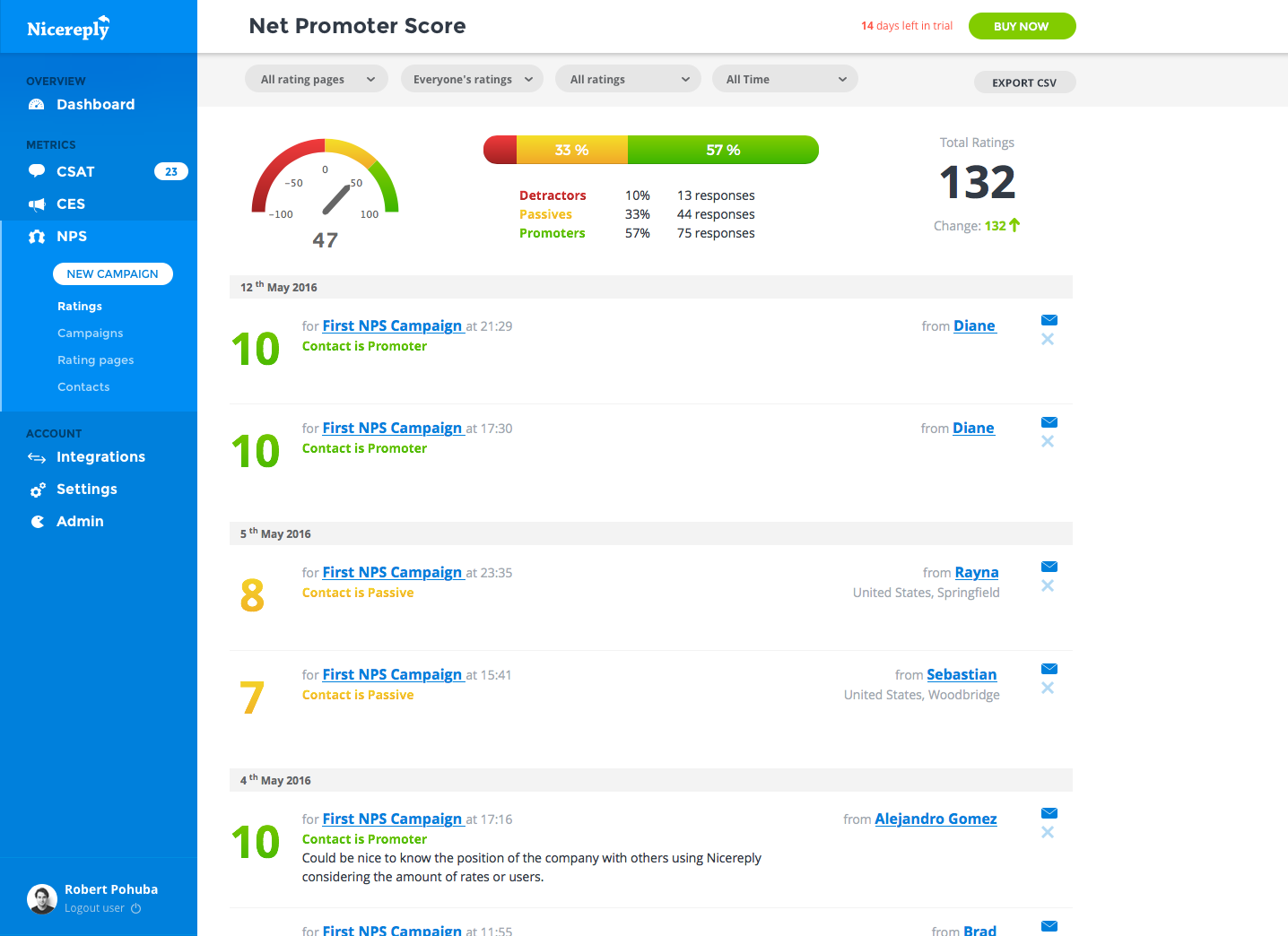 See customer feedback arrive in real-time in the rating feed dashboard.