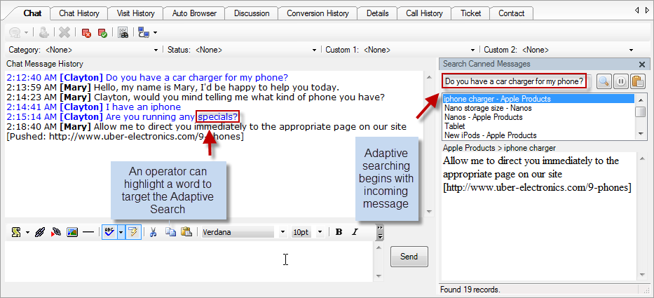 An operator can highlight a word to target the adaptive search