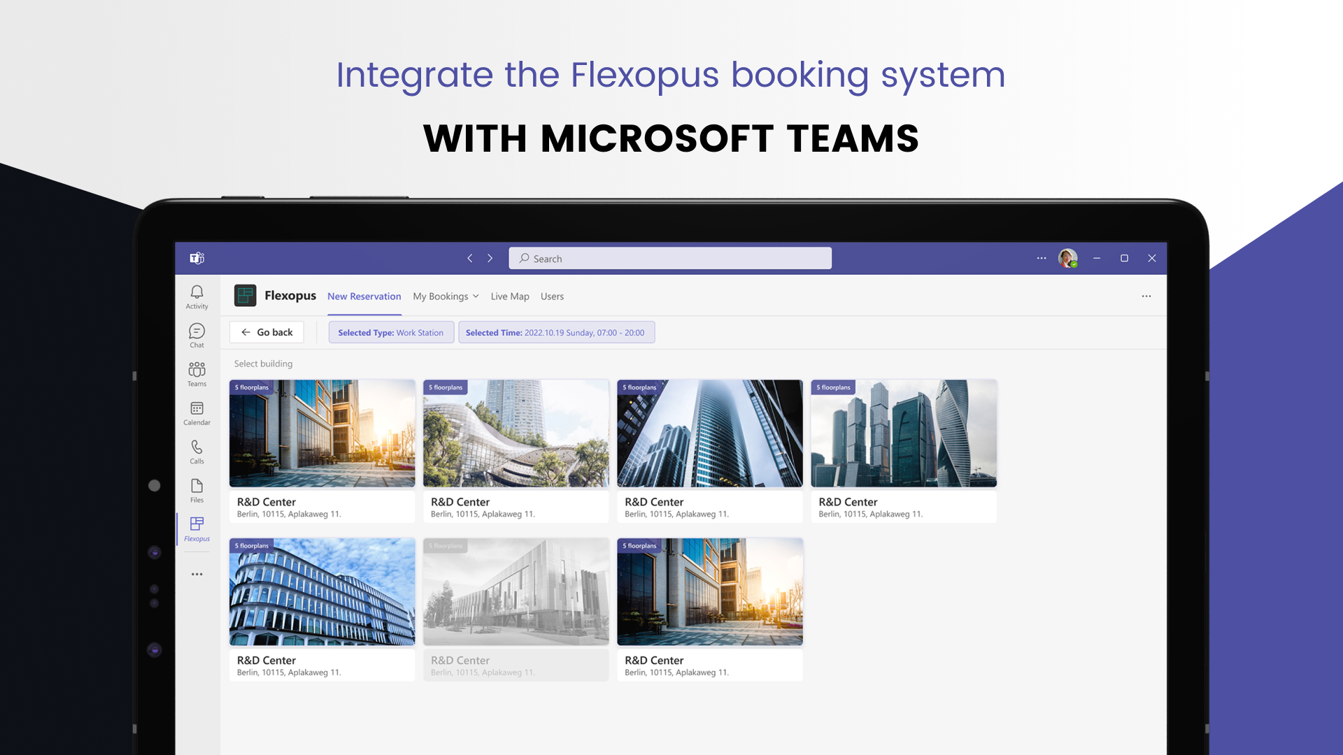 Microsoft Teams Integration to make booking objects even easier. No need to even open Flexopus in order to book desks, meeting rooms, and parking lots!