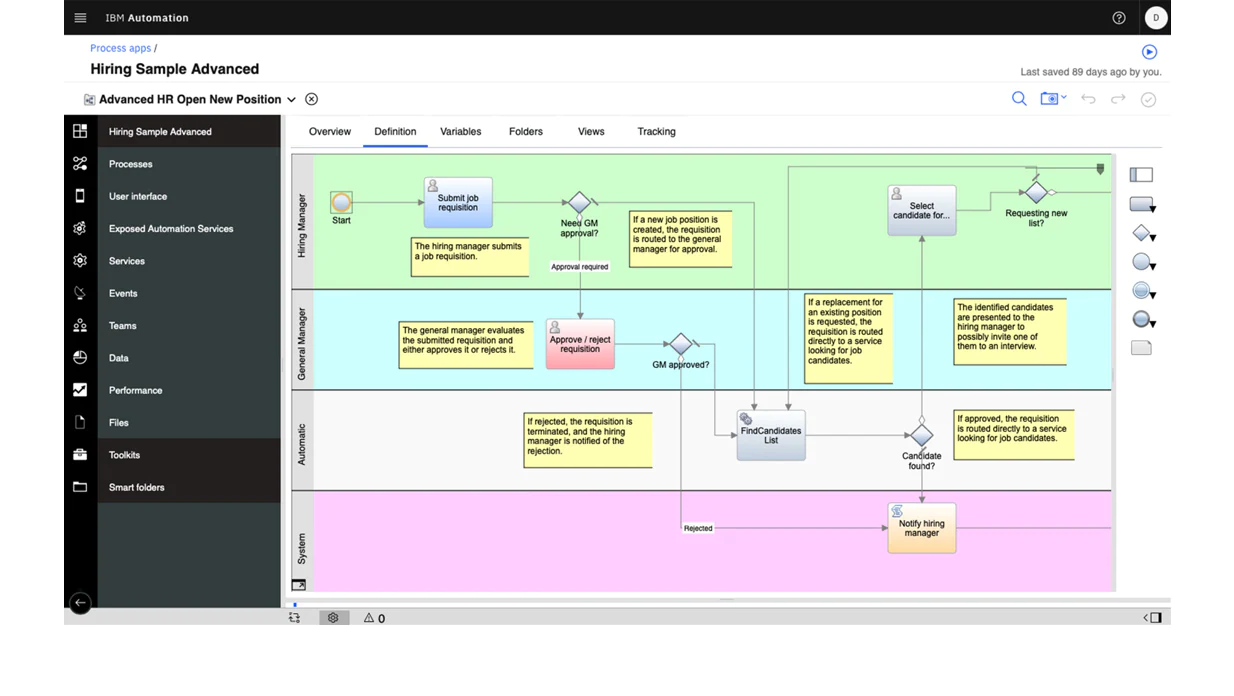 IBM Cloud Pak for Business Automation screenshot: Workflow creation