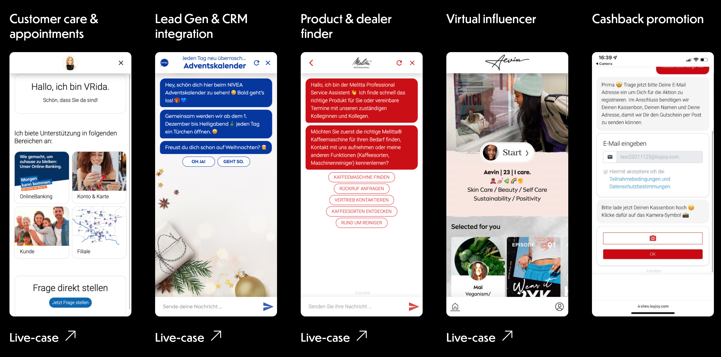 LoyJoy screenshot: Variety of LoyJoy Services. Turn business processes into beautiful conversations.