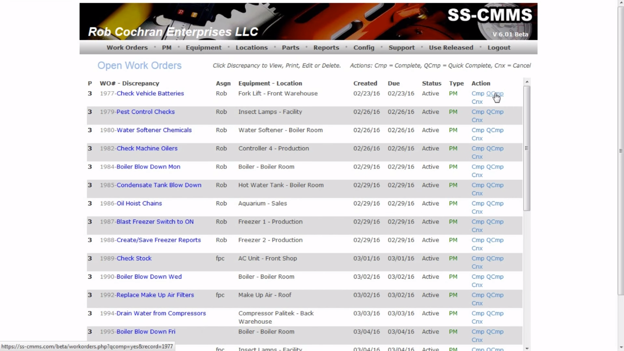 SS-CMMS Software - View the complete list of work orders