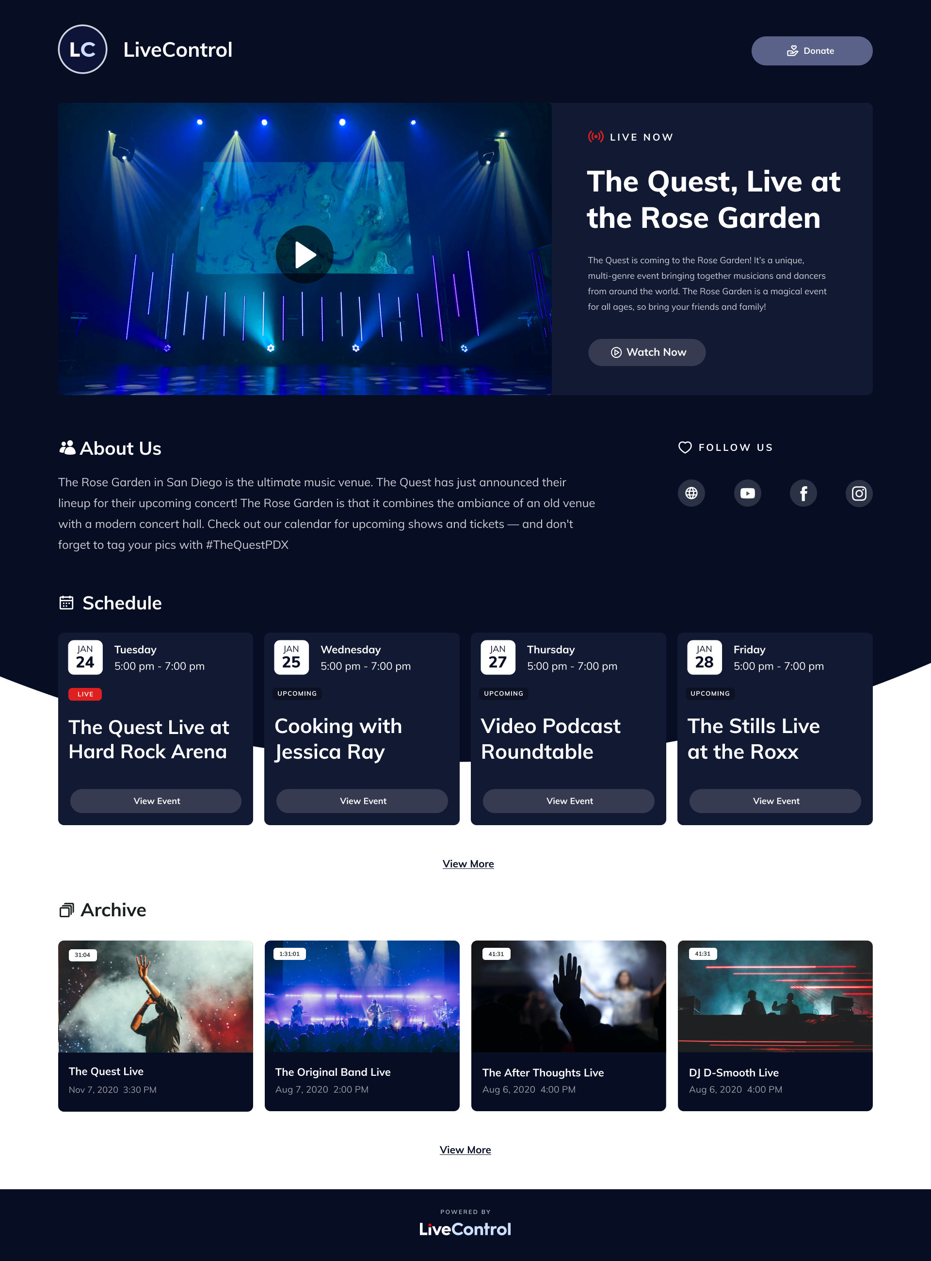 LiveControl screenshot: Events Dashboard