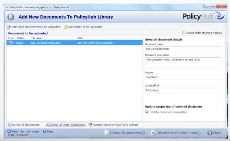 PolicyHub screenshot: Microsoft Office integration allows users to import existing policy documents from Microsoft Word
