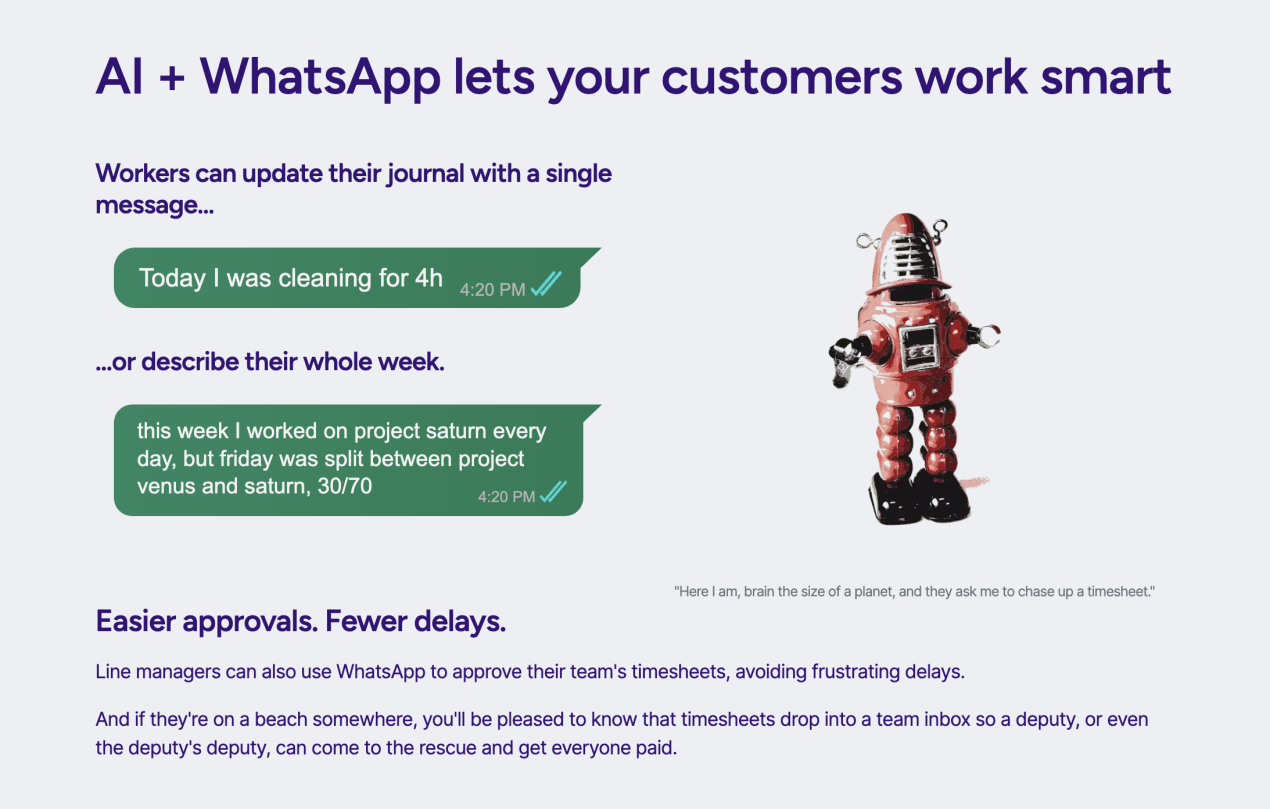 Zipwire screenshot: Fire off a quick description of your week over WhatsApp and AI will turn it into a timesheet.