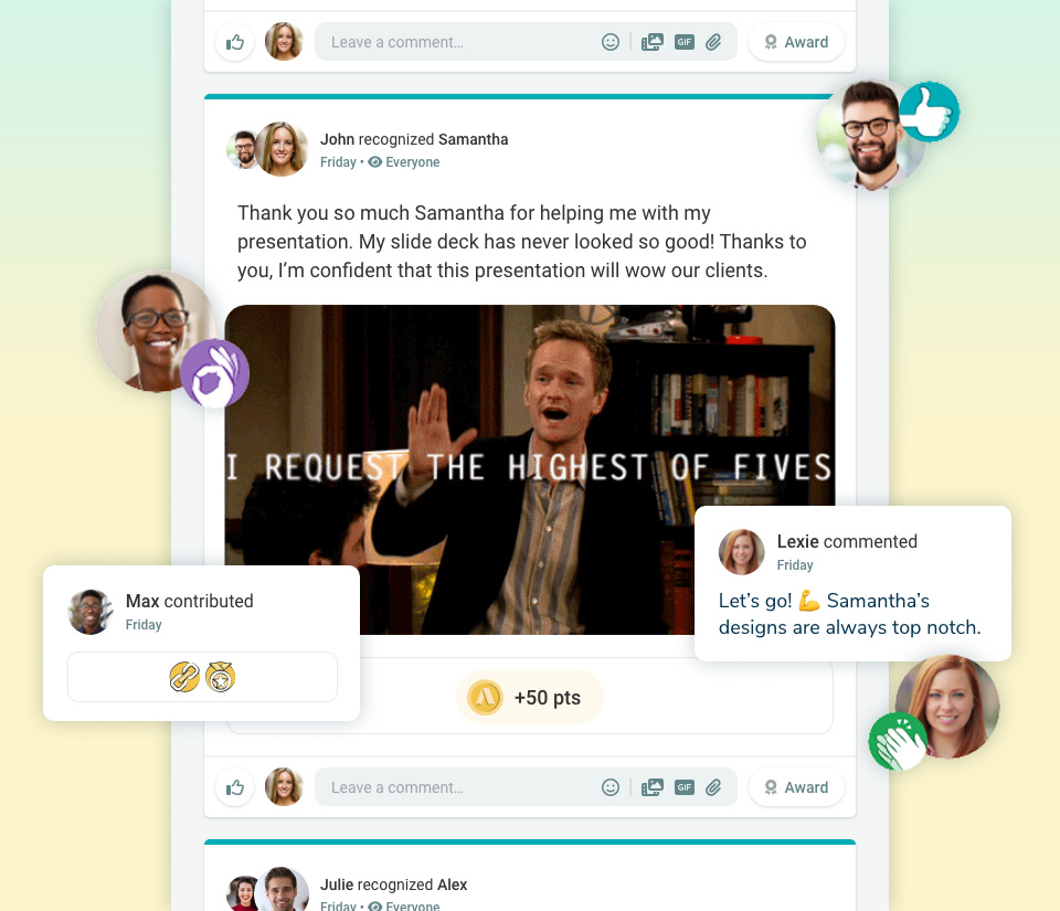 Company Newsfeed -  The Company Newsfeed serves as a social communication hub where employees can connect, engage, and recognize each other, fostering a sense of belonging and teamwork within your organization.