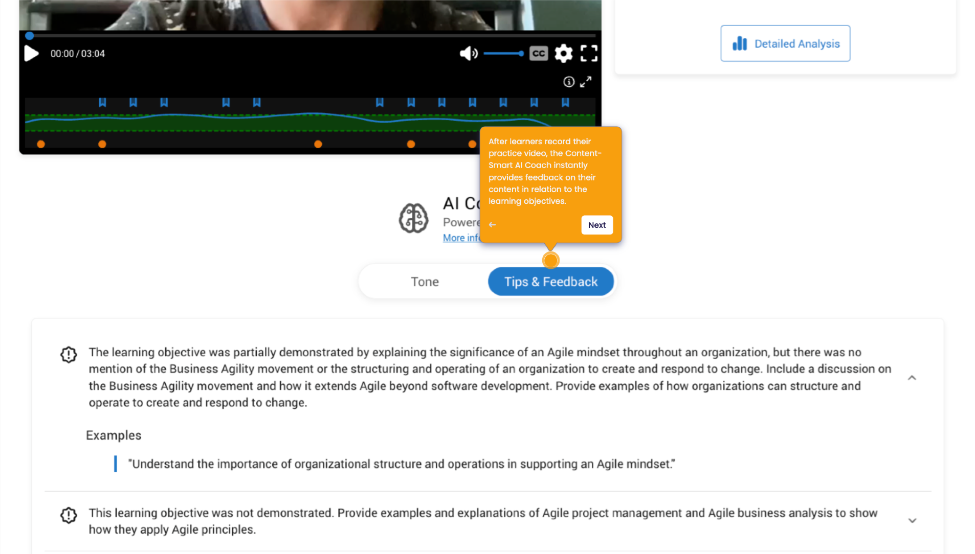 Bongo's Content-Smart AI Coach provides real-time feedback on learner-created videos, assessing content understanding and presentation effectiveness. Aligned with pre-defined objectives, it ensures learners stay on track and have clear comprehension. 