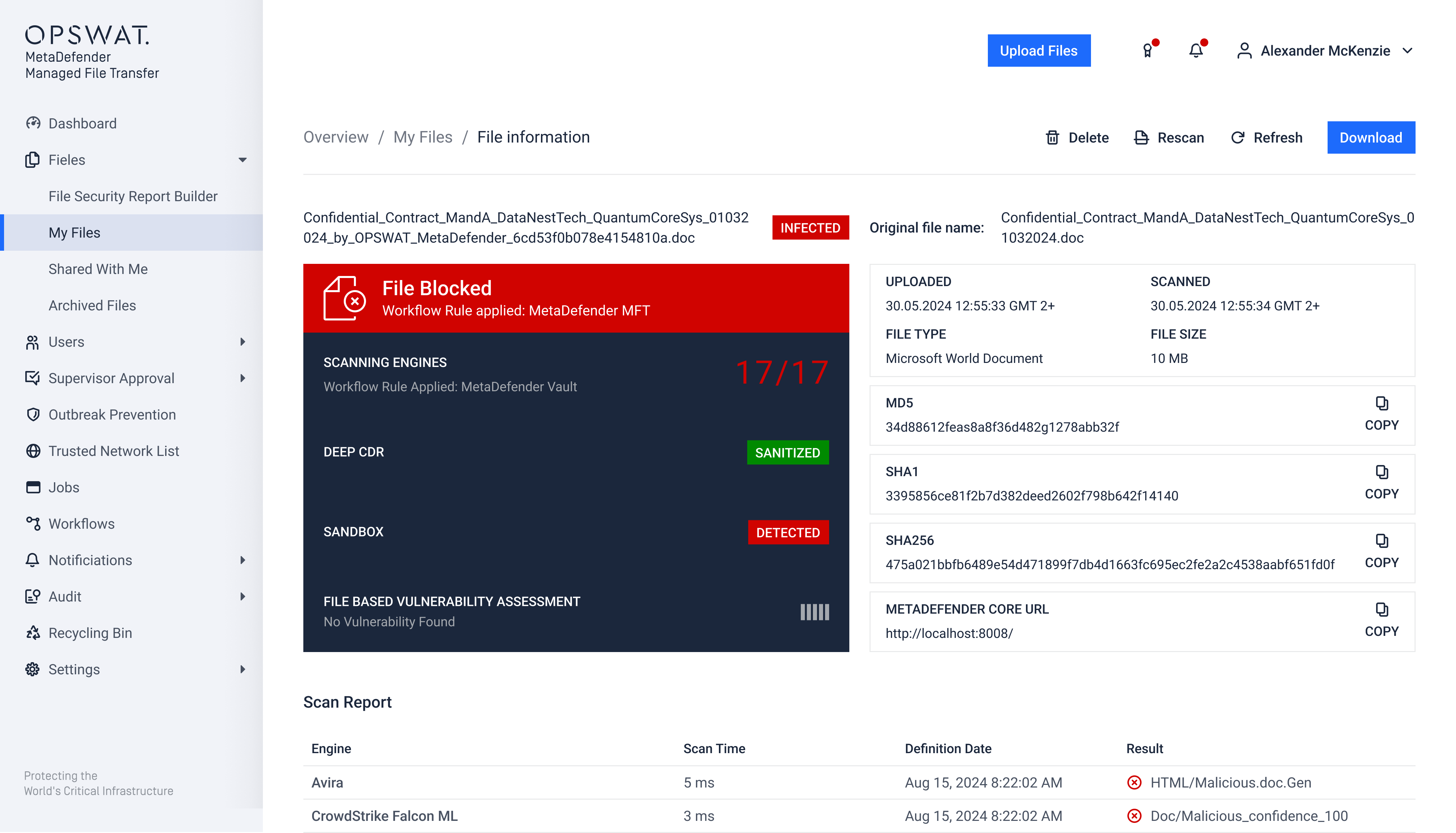 MetaDefender Managed File Transfer screenshot: MetaDefender Managed File Transfer Security Scanning 