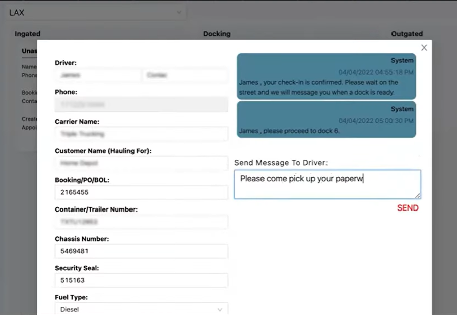 NavTrac screenshot: NavTrac send message to driver