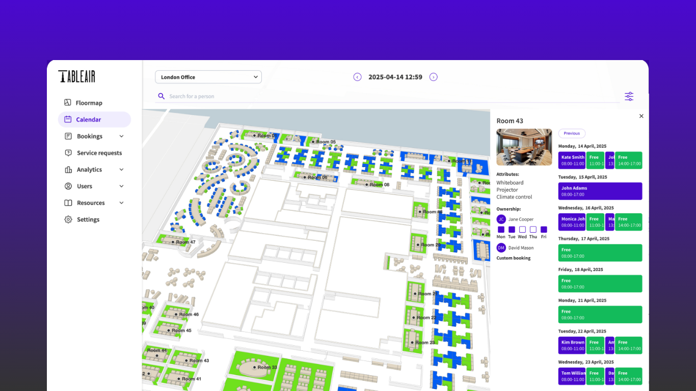 TableAir screenshot: Resource booking with interactive 3D map
