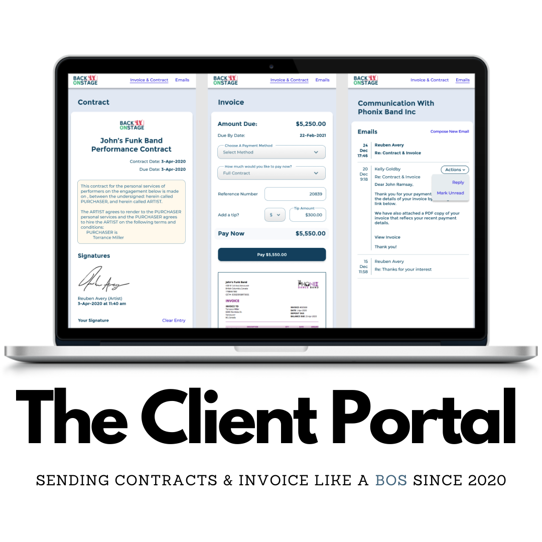 Back On Stage App's Client Portal keeps your invoice, contract and payment portal all in one place for easy access by clients and company admins.
