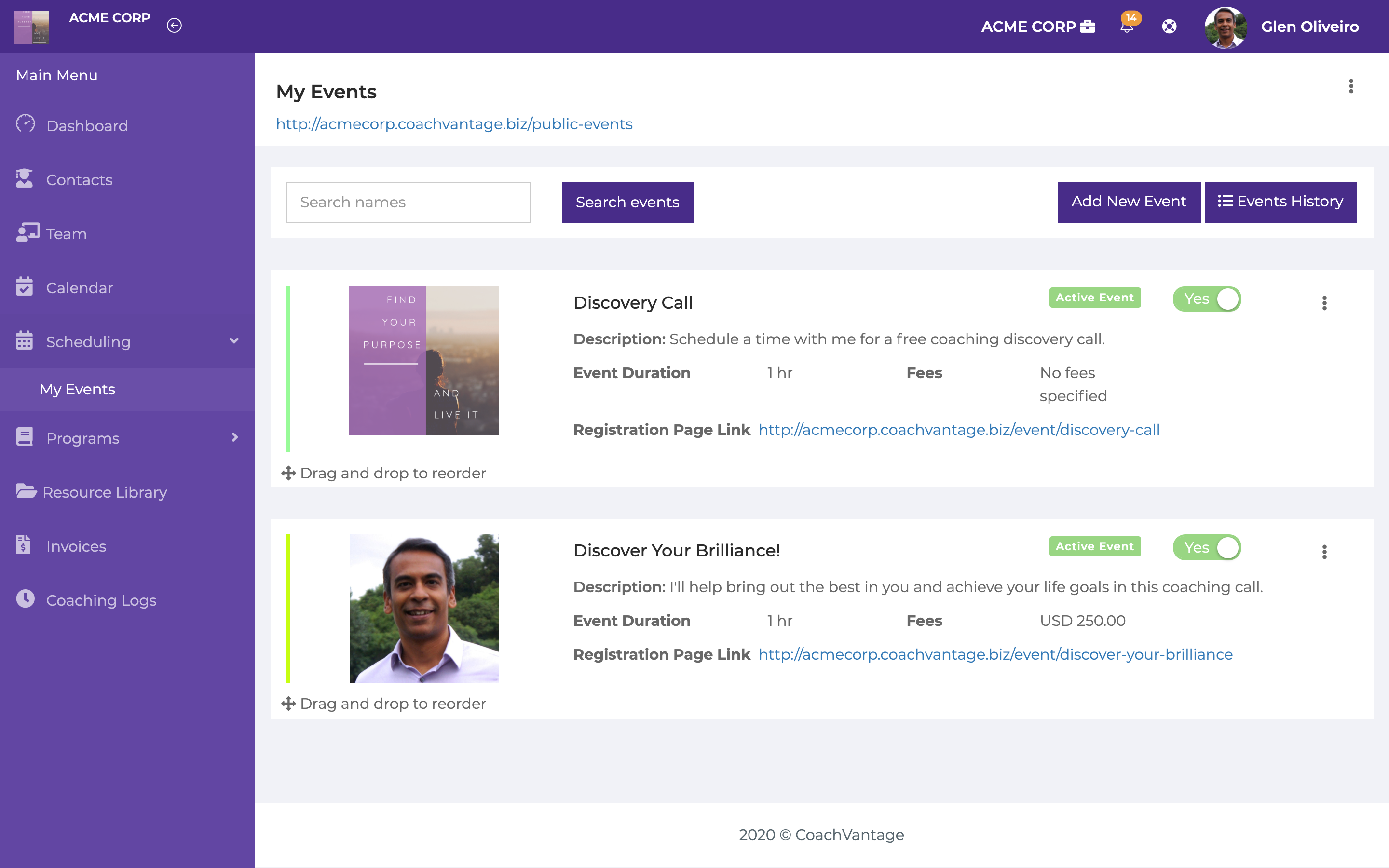 Create different events so your prospects/clients can schedule appointments with you online, based on your availability rules.