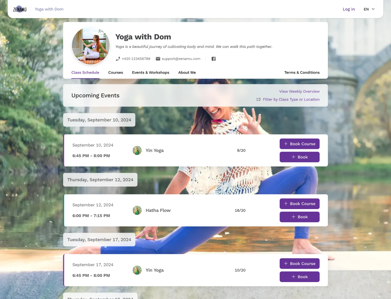 Zenamu screenshot: Your public class schedule