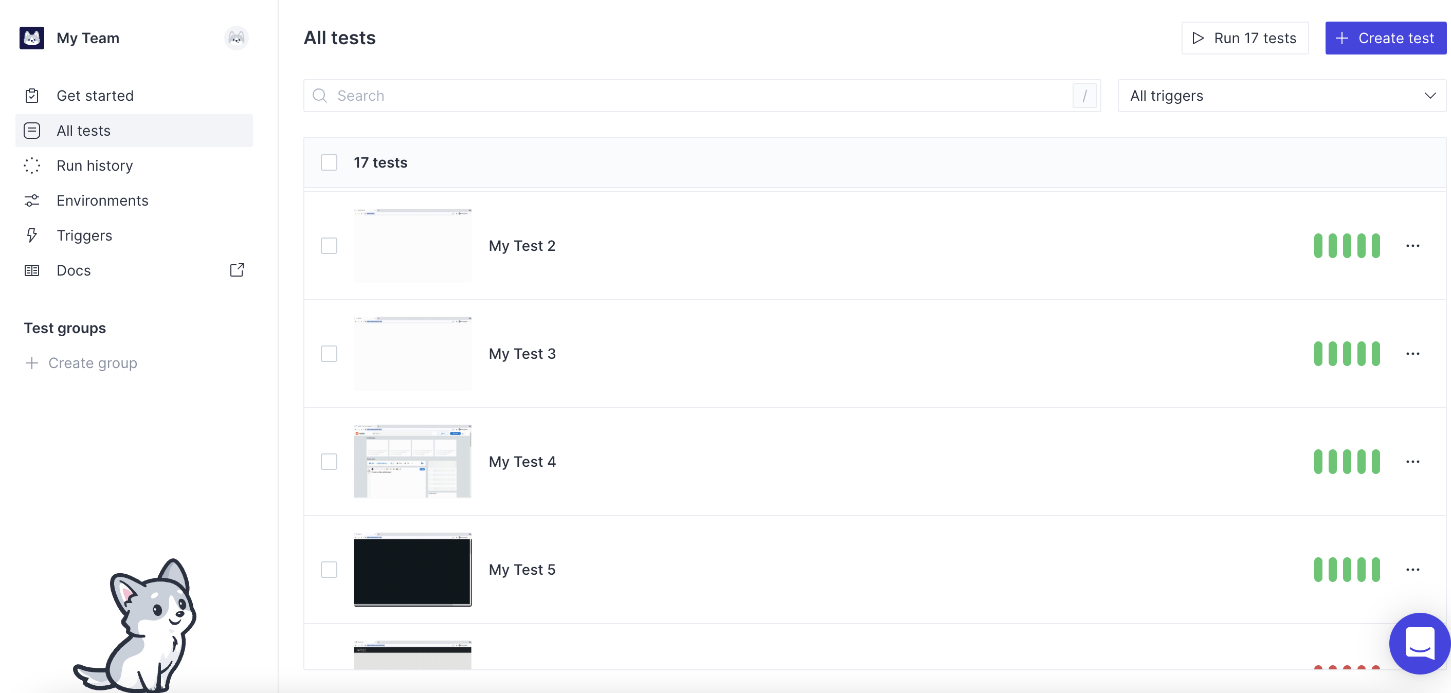 QA Wolf screenshot: User dashboard