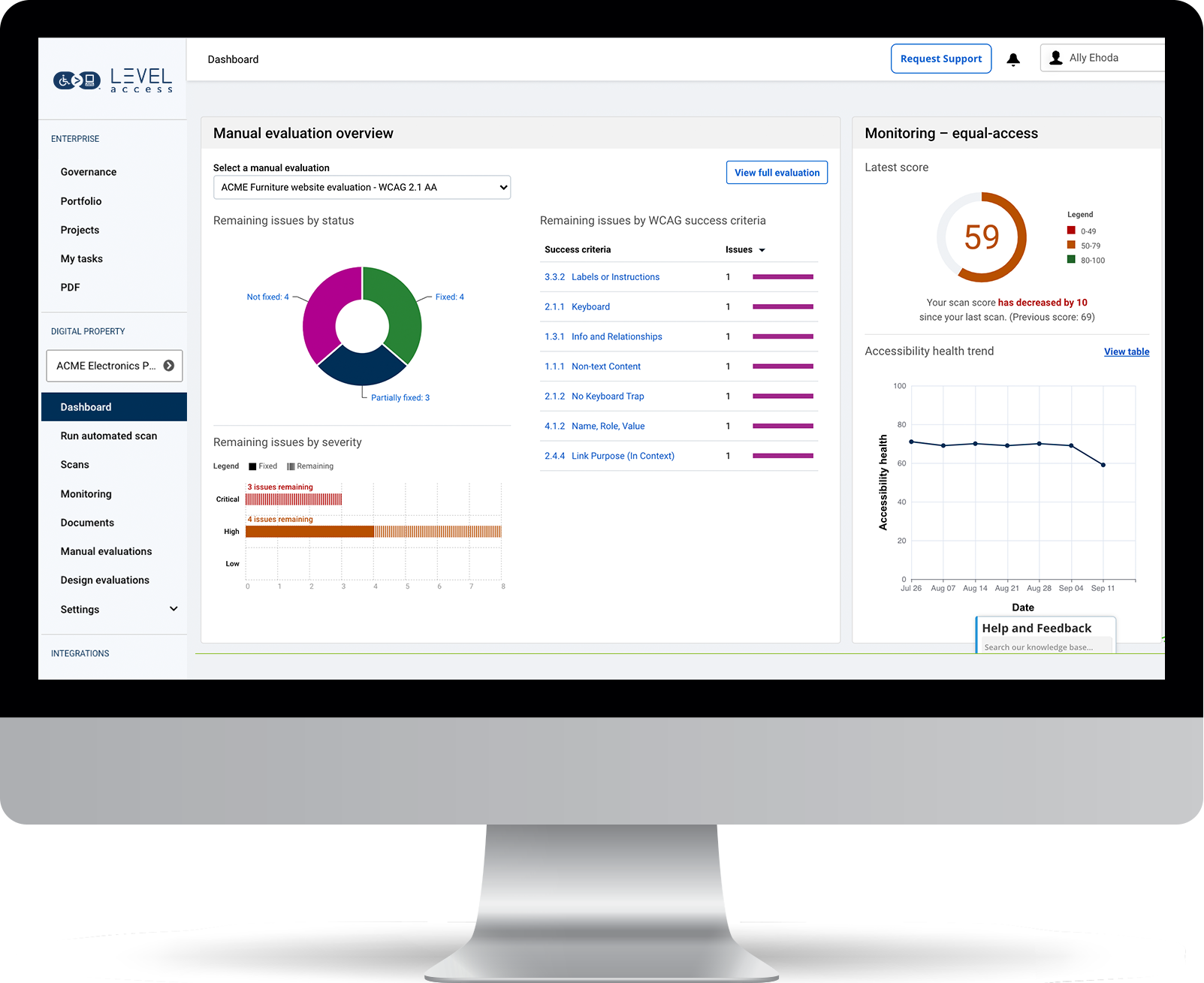 The Level Access Platform is your central source for tooling, scanning, monitoring, and reporting. And it’s integrated with familiar systems like Jira and Azure DevOps, flowing smoothly into existing workflows.