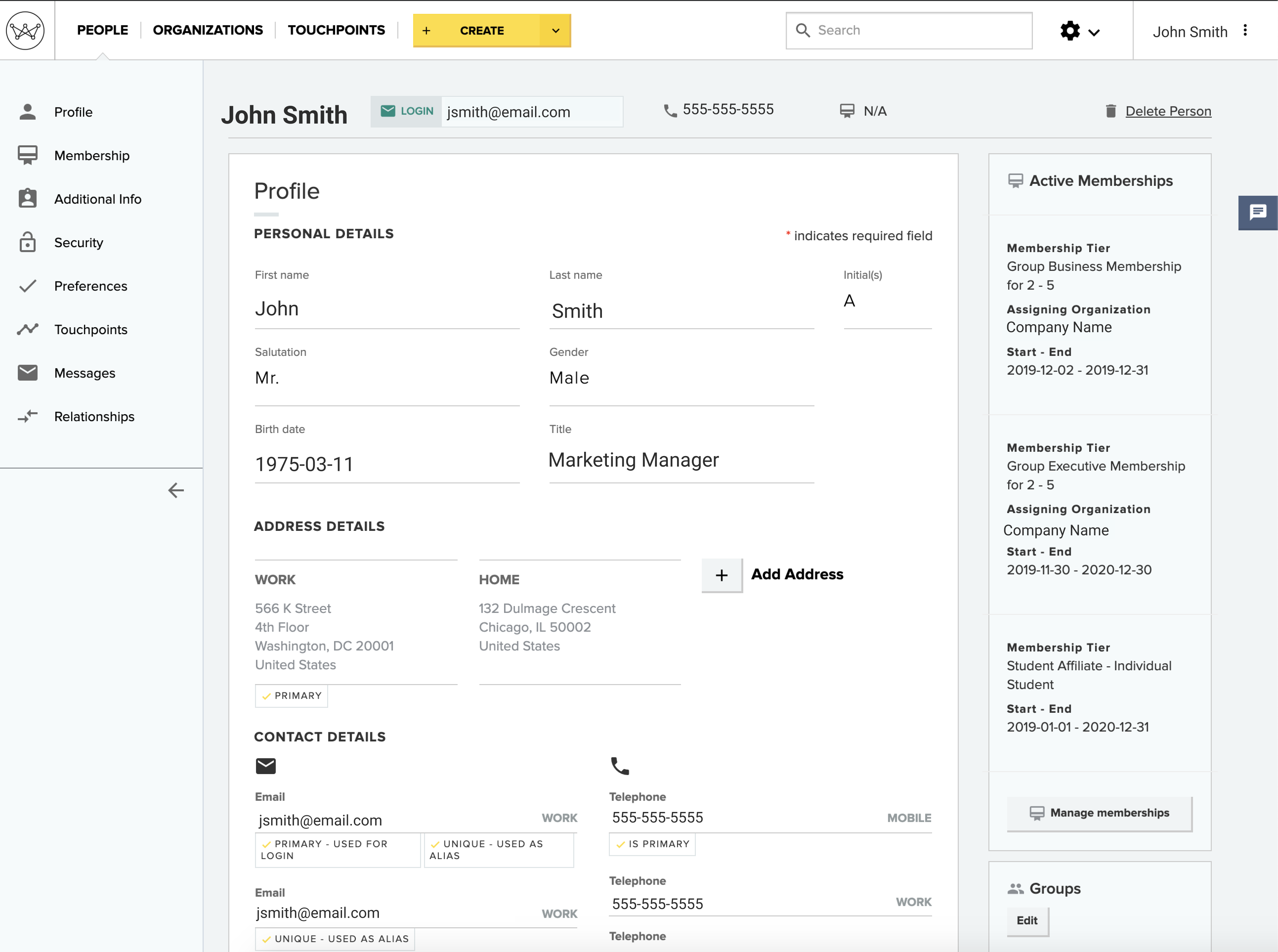 Wicket screenshot: The Member Summary page includes contact information, membership tiers and groups to which they are assigned. This is also the start screen to manage and view details of a member.