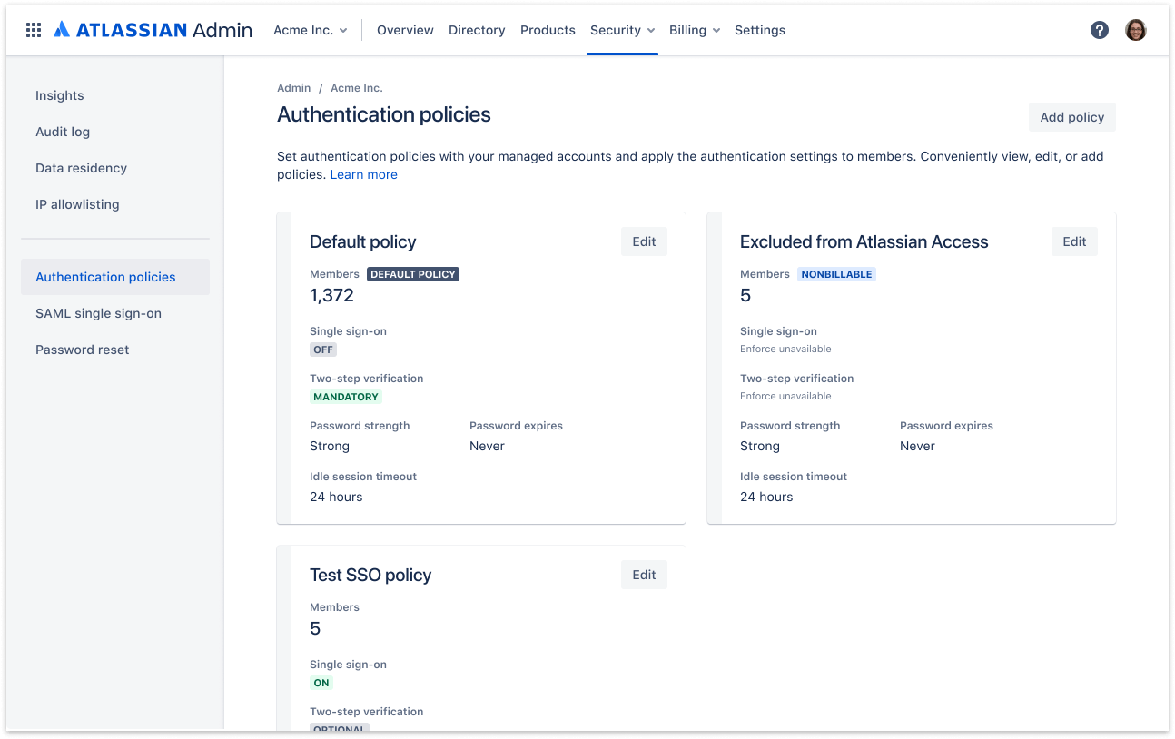 Atlassian Access authentication policy management
