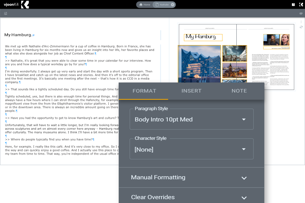 vjoon K4 screenshot: Create and edit layout-driven content with K4’s browser-based Article Editor. Benefit from a real-time layout preview.