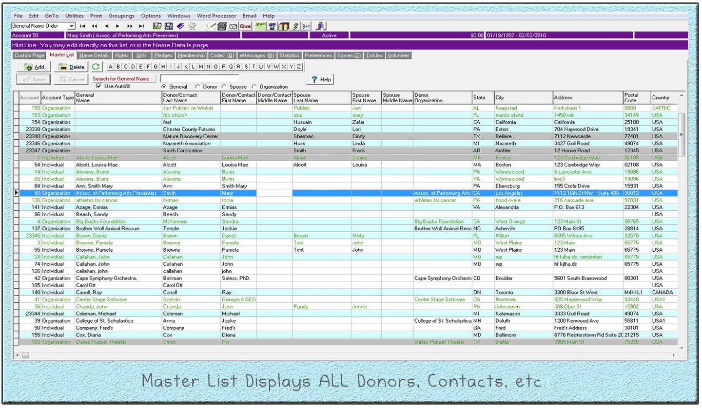 Master List Displays All Donors and Contacts