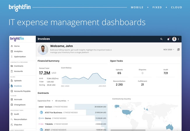 brightfin screenshot: IT expense management dashboards
