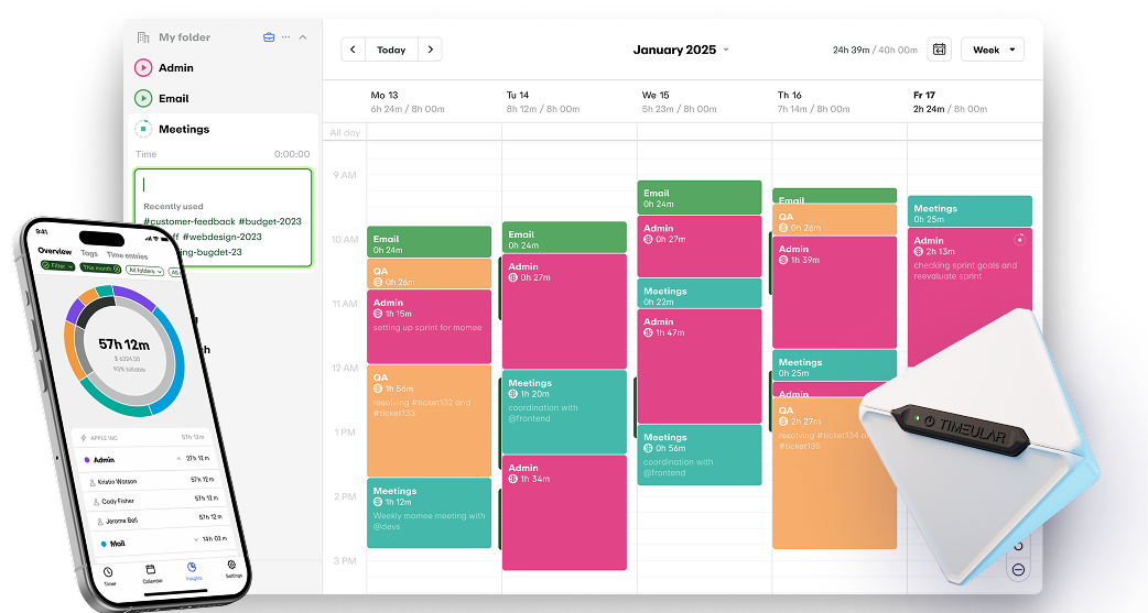EARLY screenshot: Manually track your time on EARLY using our easy-to-use calendar. Drag and drop to add an activity, notes, and tags, and mention your coworkers. Track time with Bluetooth time tracker and stay in sync on your mobile.