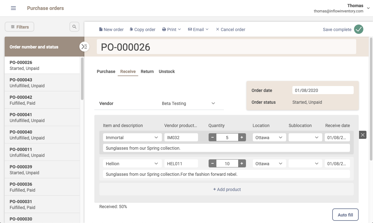 inFlow Inventory Software - The purchase order screen can generate and send POs, as well as receive deliveries.