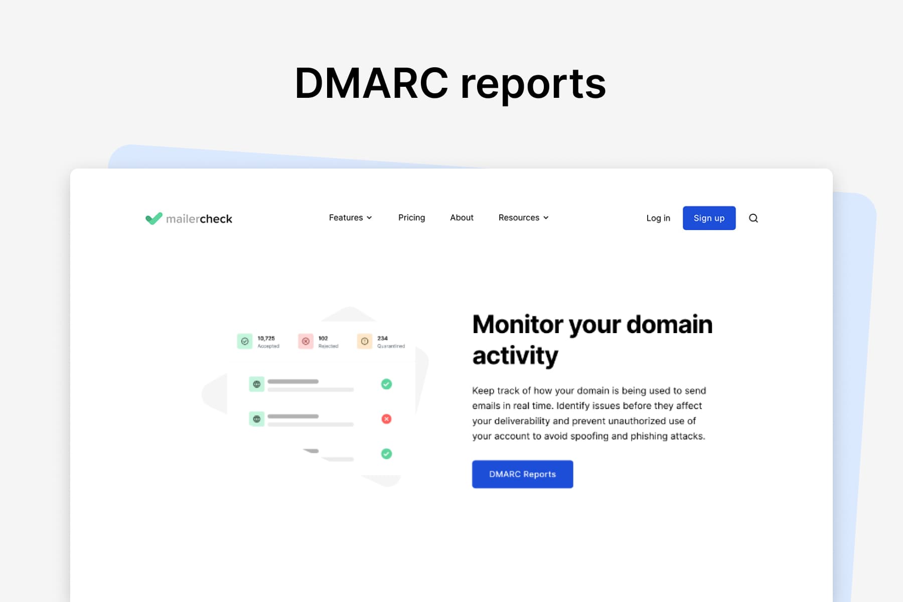 DMARC monitoring tracks the use of your domain in real-time, protecting your account against unauthorized activity.