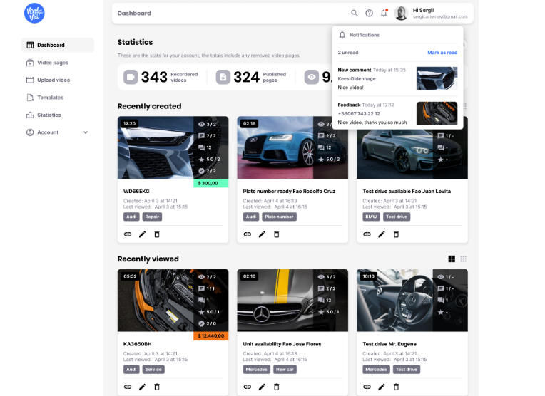 VentaVid screenshot: VentaVid dashboard view