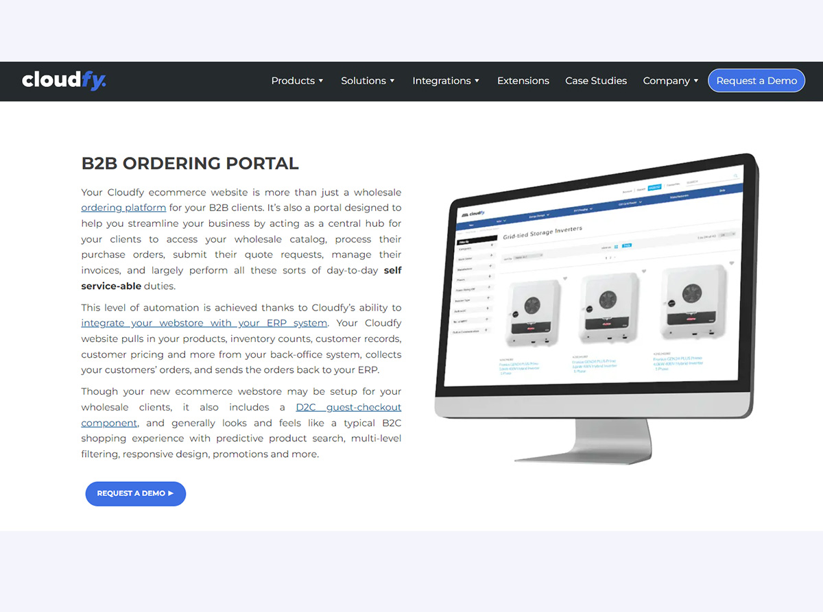Cloudfy's B2B ordering portal is an ecommerce solution designed to streamline the ordering process for businesses. The portal offers a simple and intuitive interface, allowing customers to easily browse and purchase products online.