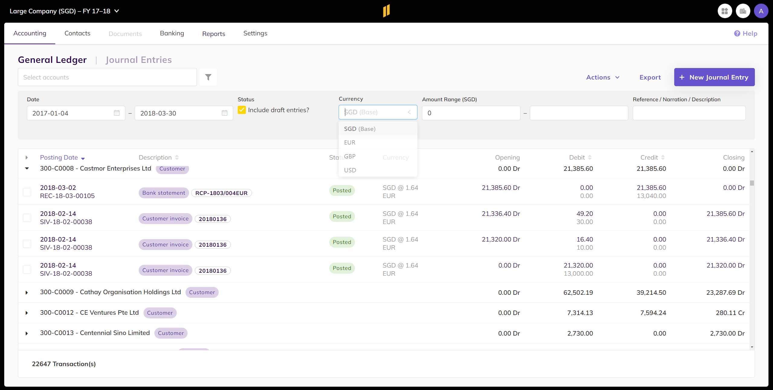 Enterprise-level General Ledger with Multi-currencies support per entry line.