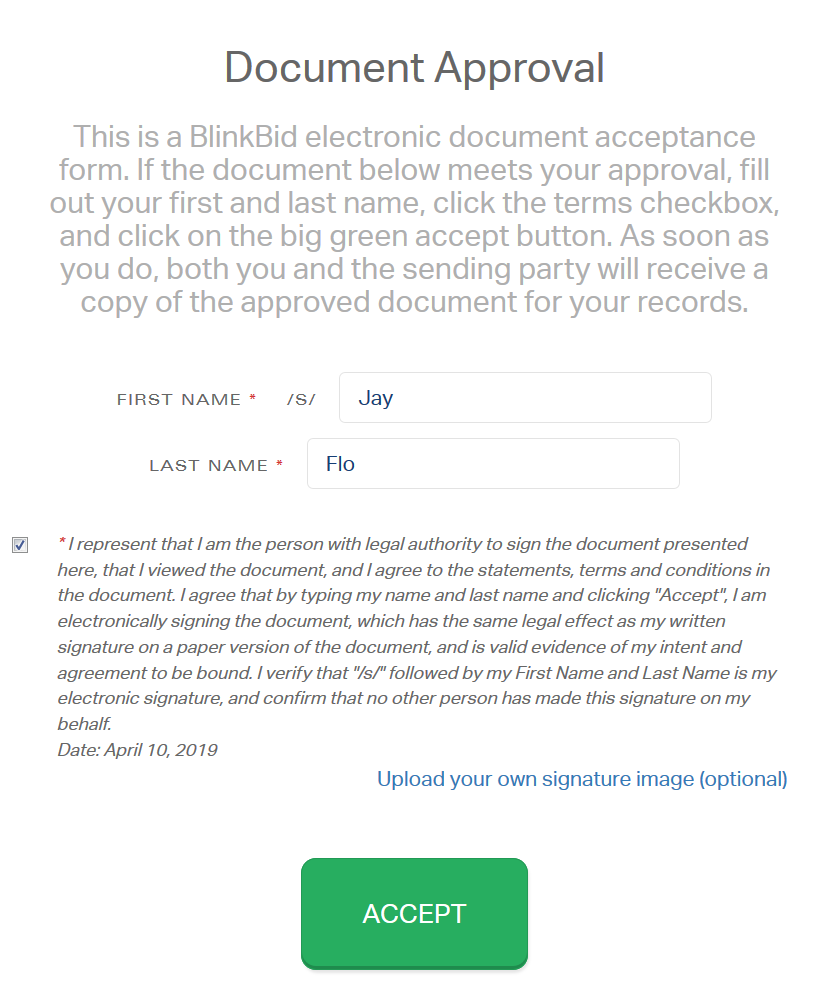 Electronic approval of a job or invoice via BlinkBid.