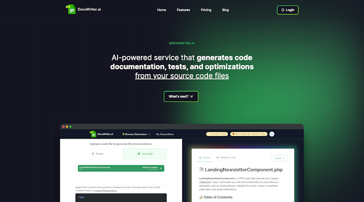 DocuWriter.ai screenshot: AI-powered tools to generate Code documentation, Tests, and Code Refactors from your source code files