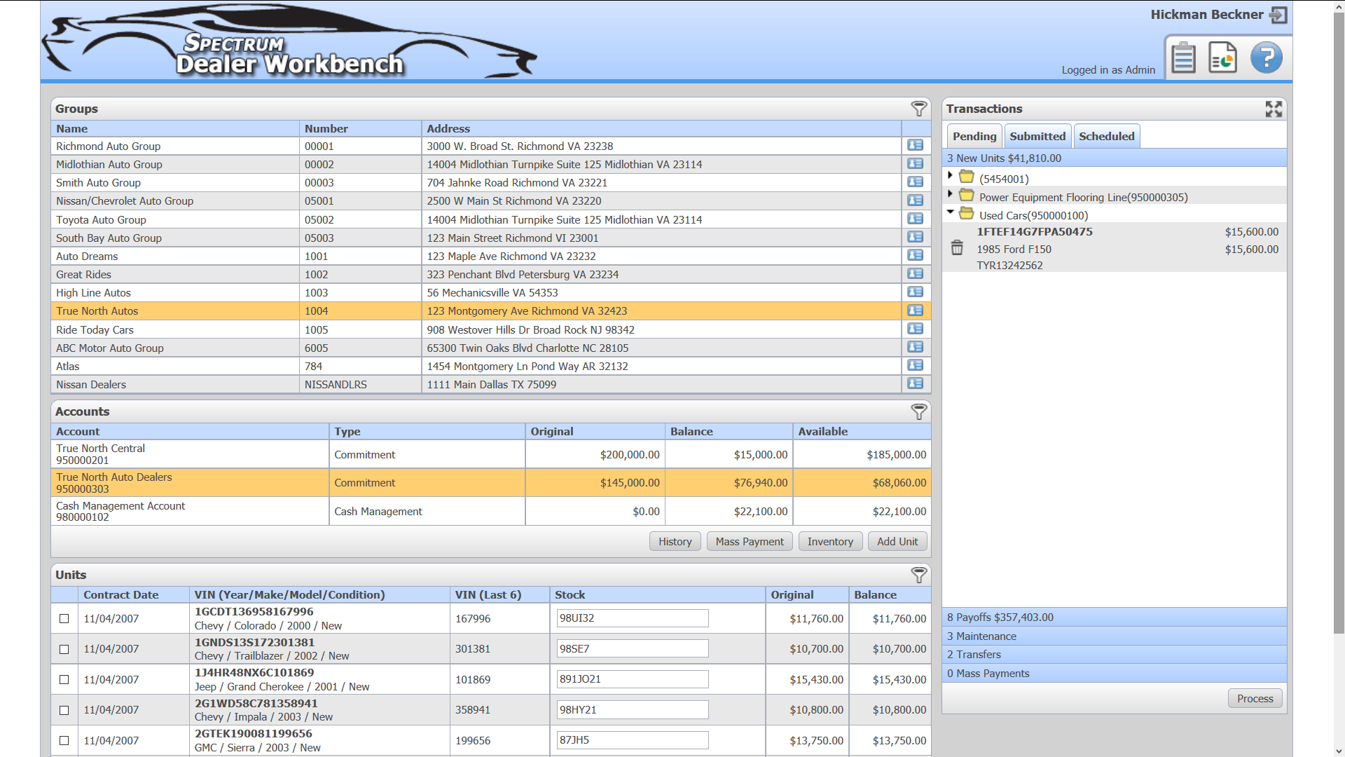 COLLECTIONS AND RECOVERY screenshot: COLLECTIONS AND RECOVERY dealer portal view