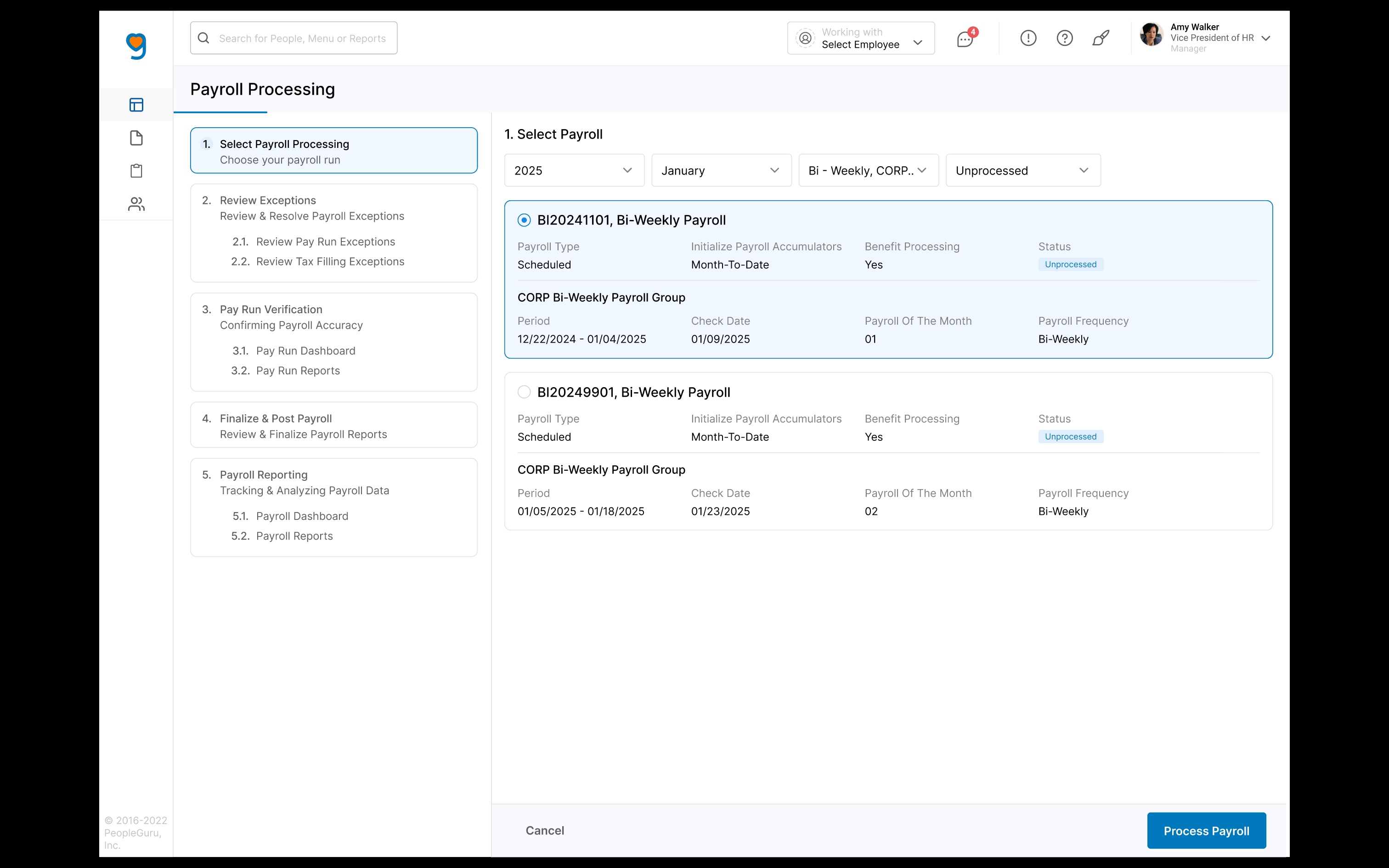 PeopleGuru HCM screenshot: Pay easily, accurately, and quickly in five simple steps with PeopleGuru™'s Automated Payroll